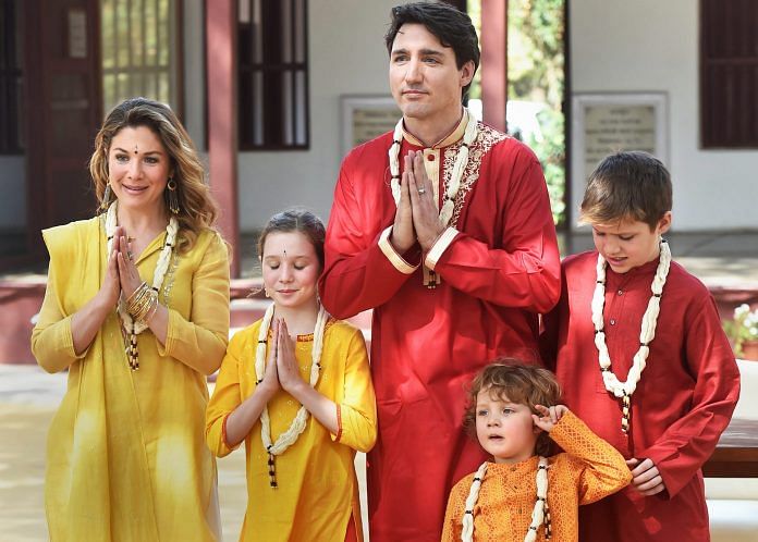 Canadian Prime Minister Justin Trudeau with his family during a visit to historic Sabarmati Ashram in Ahmedabad | PTI