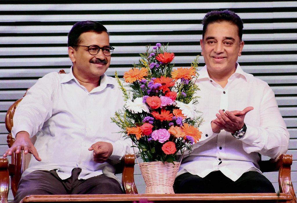Kamal Haasan with Delhi Chief Minister Arvind Kejriwal during the launch of political party "Makkal Neethi Maiam" in Madurai on Wednesday | PTI Photo