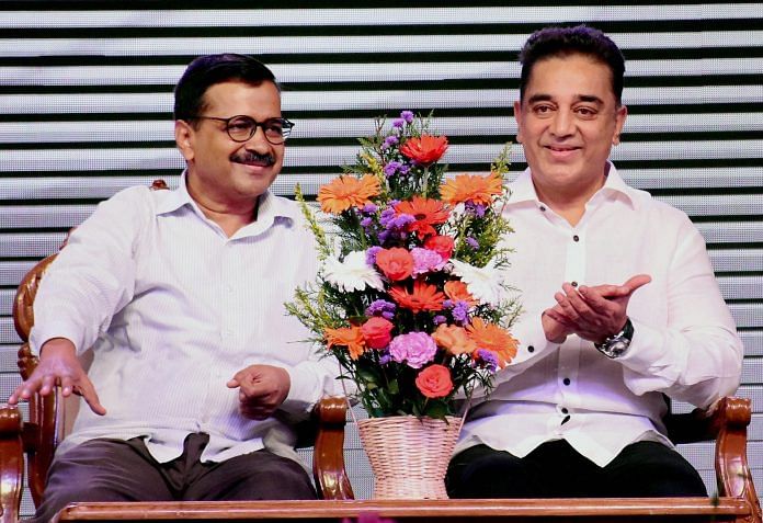 Kamal Haasan with Delhi Chief Minister Arvind Kejriwal during the launch of political party 