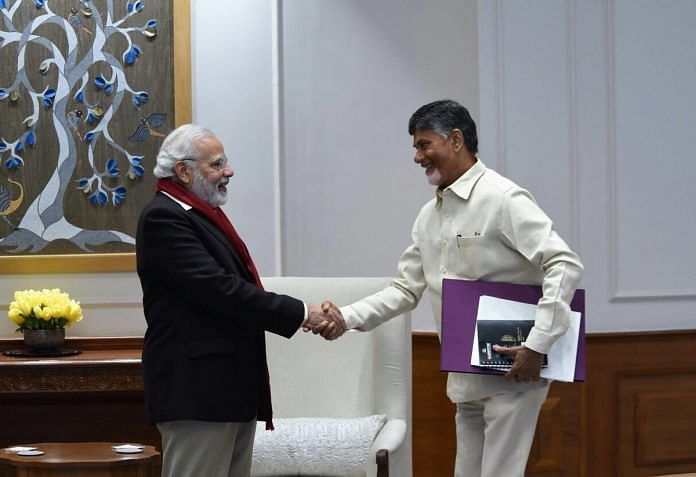 Prime Minister Narendra Modi shaking hands with Andhra Pradesh Chief Minister Chandrababu Naidu