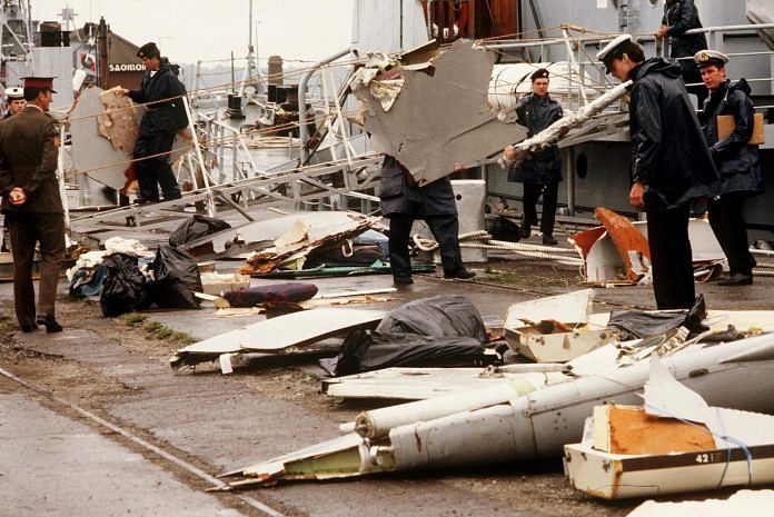 Irish naval authorities bring ashore debris from an Air India Boeing 747, 28 June 1985 in Cork