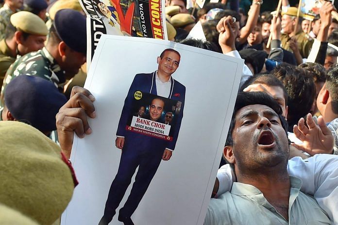 A protest against Nirav Modi in the Punjab National Bank fraud case in New Delhi.