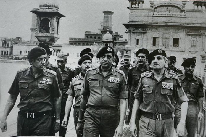 Lt General K Sundarji (centre) with General A.S. Vaidya (right) and Major General K.S. Brar (left) after Operation Bluestar