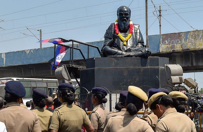 Police personnel guard the statue of rationalist leader E V Ramasamy, popularly known as 'Periyar', in Chennai | PTI