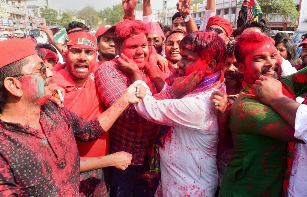 Samajwadi Party supporters celebrating