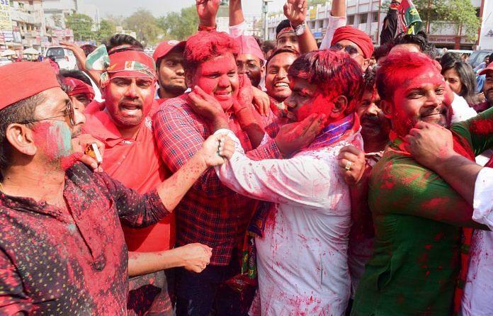 Samajwadi Party supporters celebrating
