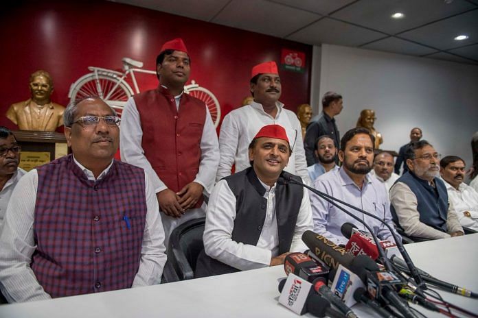Akhilesh Yadav and Dr. Sanjay Nishad addressing media after the by-poll victory