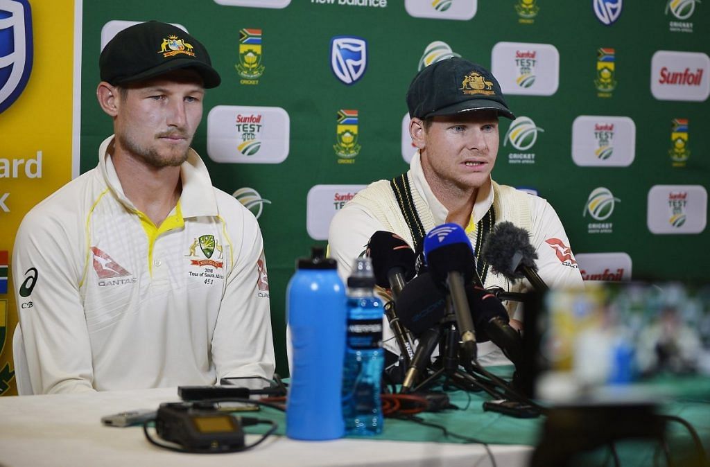 Australia cricket captain Steve Smith and Cameron Bancroft addressing media after the ball tampering incident