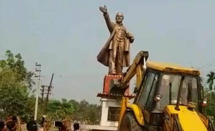 Lenin's statue being toppled in Tripura