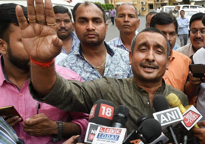 BJP MLA Kuldip Singh Sengar speaks to the media outside Chief Minister's office in Lucknow on Monday | Nand Kumar | PTI