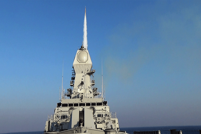 INS Kolkata firing a Long-Range Surface-to-Air Missile