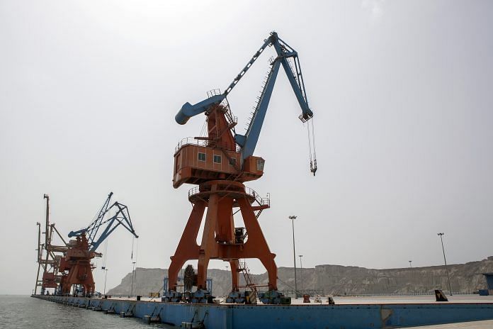 Gantry cranes stand at Gwadar Port in Gwadar, Balochistan, Pakistan for the 'One Belt, One Road' project