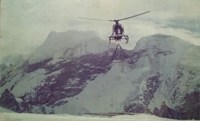 A snow scooter being inderslung to a post on the Siachen glacier | From AVM Bahadur's personal photographs