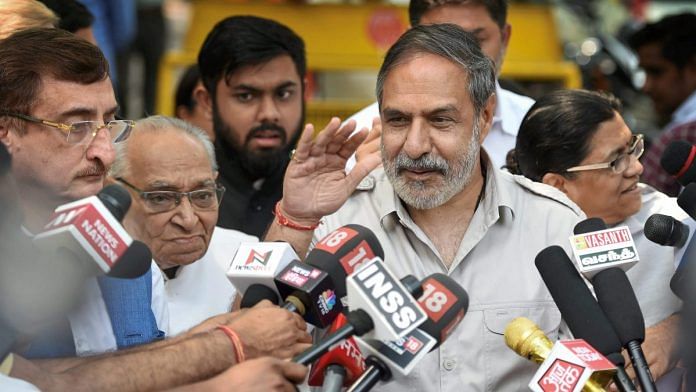 Senior Congress leader Anand Sharma, accompanied by a party delegation, talks to the media after a meeting with the Election Commission over alleged malpractices by the BJP and central agencies to subvert free and fair elections in Karnataka, in New Delhi on Wednesday