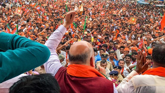 BJP President Amit Shah during an election campaign ahead of Karnataka Assembly elections in Tumakuru on Wednesday