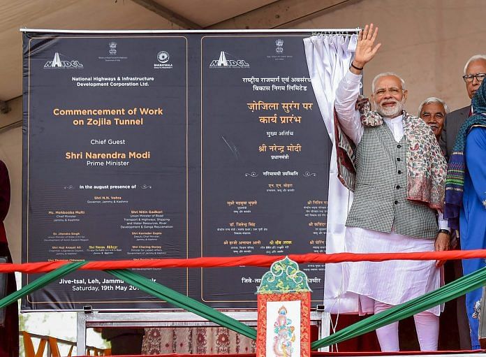 Prime Minister Narendra Modi marked the commencement of work on the now stalled Zojila Tunnel, in Leh in 2018. | PTI
