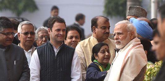 File photo of Narendra Modi, Sushma Swaraj, Rahul Gandhi and LK Advani at Parliament House on December 13, 2017 in New Delhi | Getty Images