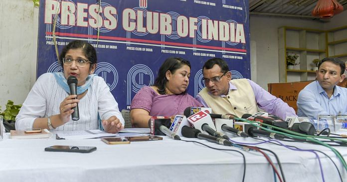 Members of IAS association of the AGMUT cadre, (L-R) address a press conference to refute claims made against IAS officers for being on strike | Vijay Verma/PTI