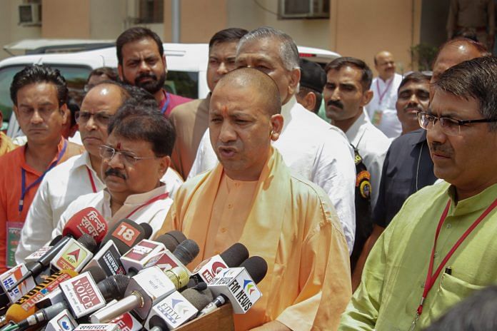 UP Chief Minister Yogi Adityanath addresses the media after a meeting with all western Uttar Pradesh MPs and MLAs of BJP, in Ghaziabad on Monday, June 18, 2018 | PTI