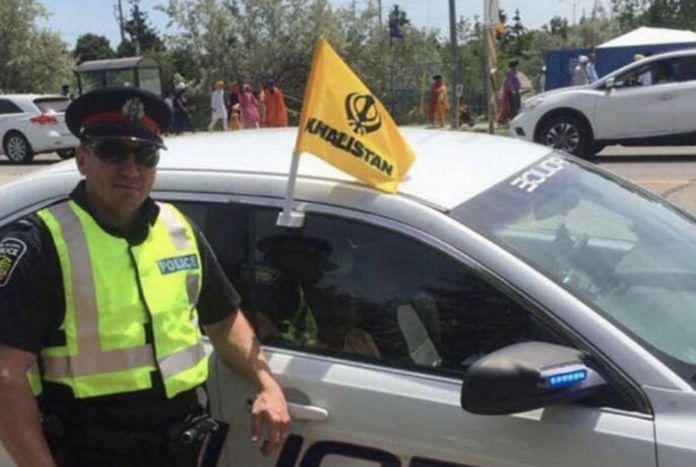 Cop with his car flaunting Khalistani flag | Twitter @CandiceMalcolm