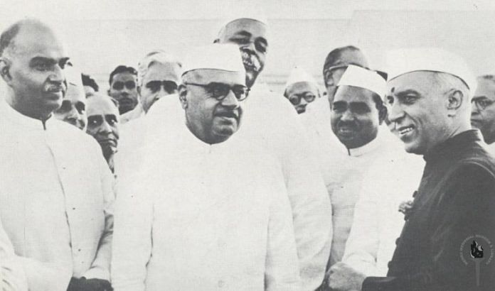 (From left front row) Syama Prasad Mookerjee, Jairamdas Doulatram and Jawaharlal Nehru | Commons