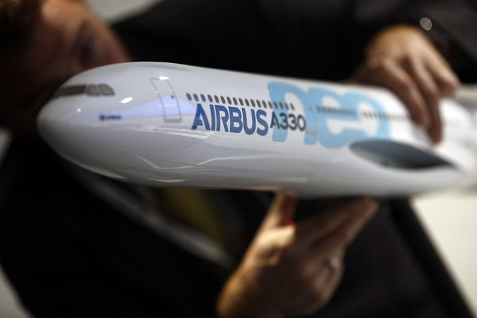 A model Airbus A330neo aircraft, produced by Airbus group