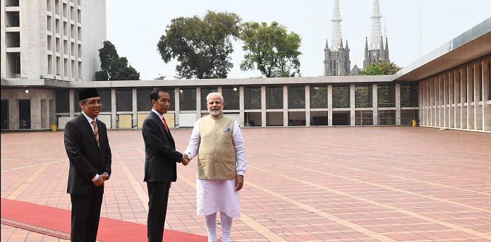 PM Narendra Modi with the President of Indonesia, Joko Widodo at the Istiqlal Mosque in Jakarta | PIB