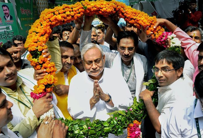 Bihar Chief Minister and JDU Chief Nitish Kumar garlanded by party workers as he arrives at party headquarters in New Delhi | PTI