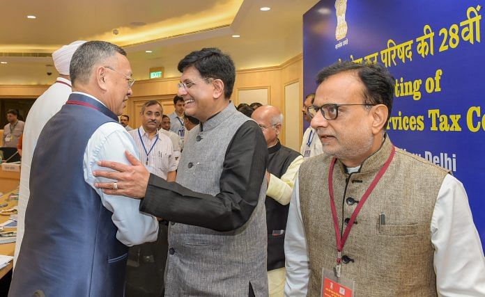 Finance Minister Piyush Goyal and Finance Secretary Hasmukh Adhia (R) at the 28th Meeting of the Goods and Services Tax Council | PTI Photo/Vijay Verma
