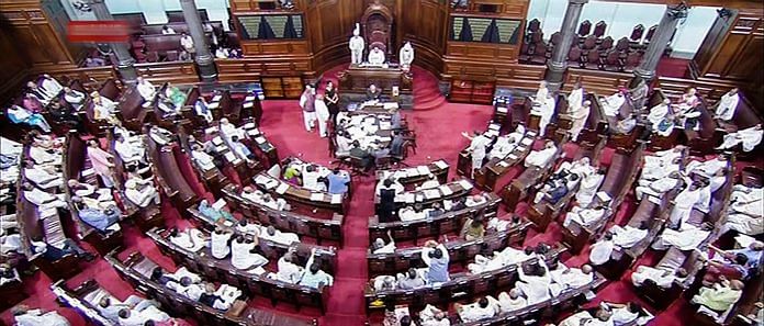Opposition members protest in Rajya Sabha during the Monsoon session of Parliament | PTI