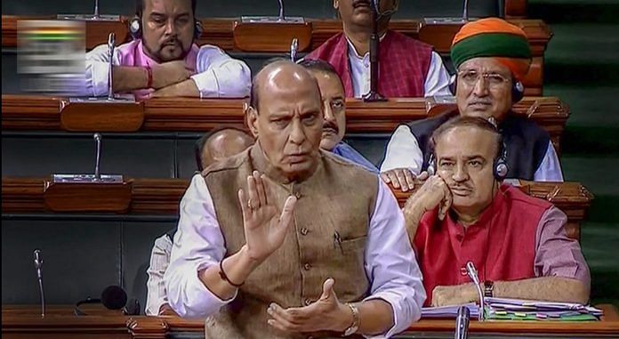 Home minister Rajnath Singh speaks in the Lok Sabha during the Monsoon session of Parliament | PTI