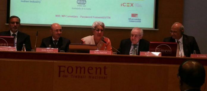 Commerce Secretary Rita Teaotia addressing a delegation in Barcelona | @DoC_GoI/ twitter