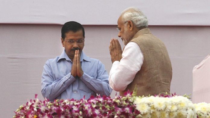 Prime Minister Narendra Modi with Delhi Chief Minister Arvind Kejriwal in New Delhi | Virendra Singh Gosain/Hindustan Times via Getty Images