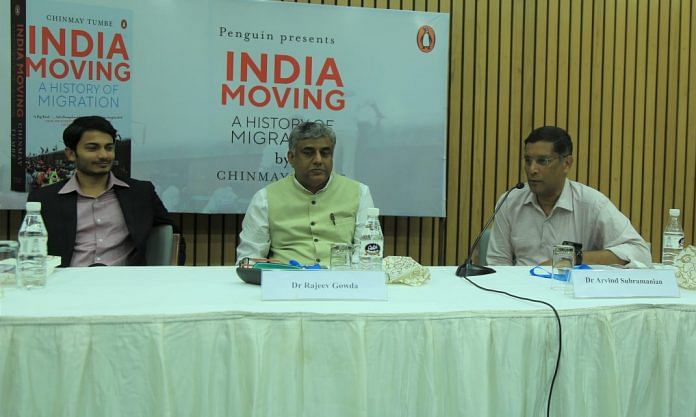 CEA Arvind Subramanian with MP Rajeev Gowda (center) and Chinmay Tumbe (left) | Manisha Mondal / ThePrint