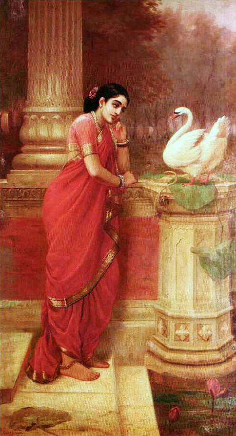 https://en.wikipedia.org/wiki/Damayanti%23/media/File:Ravi_Varma-Princess_Damayanthi_talking_with_Royal_Swan_about_Nala.jpg