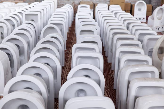 Toilet bowls at a factory in Bahadurgarh, Haryana.