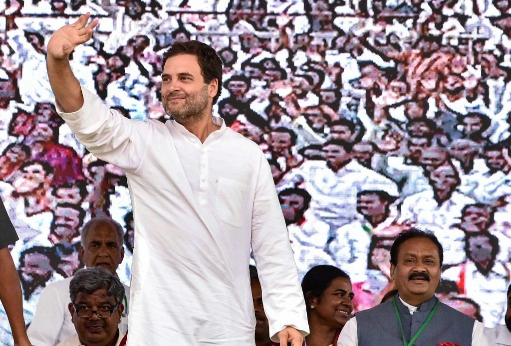 Congress president Rahul Gandhi waves at his supporters during a public meeting at Sarooagar Stadium ground, near Hyderabad in August 2018 | PTI
