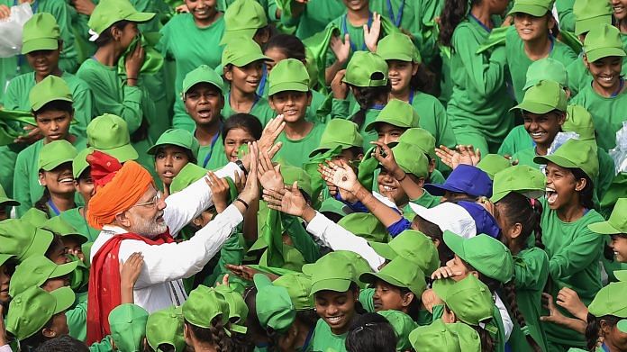 Prime Minister Narendra Modi interacts with children during Independence Day celebrations, August 2018 | PTI