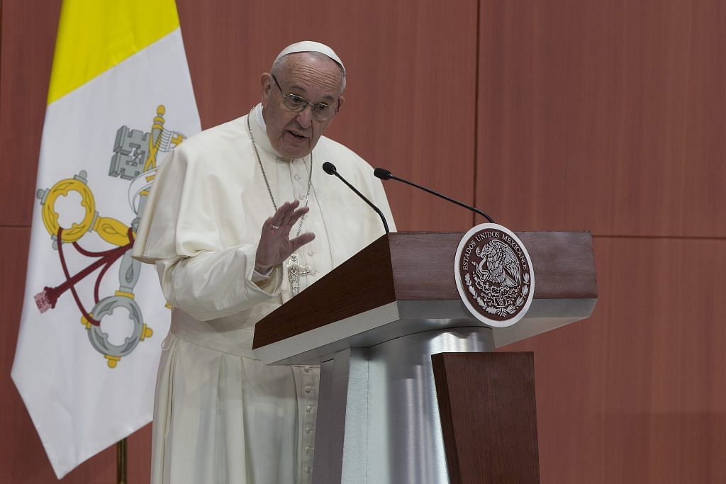 Pope Francis, speaks during the welcoming ceremony at The National Palace in Mexico City ~ Susana Gonzalez/Bloomberg
