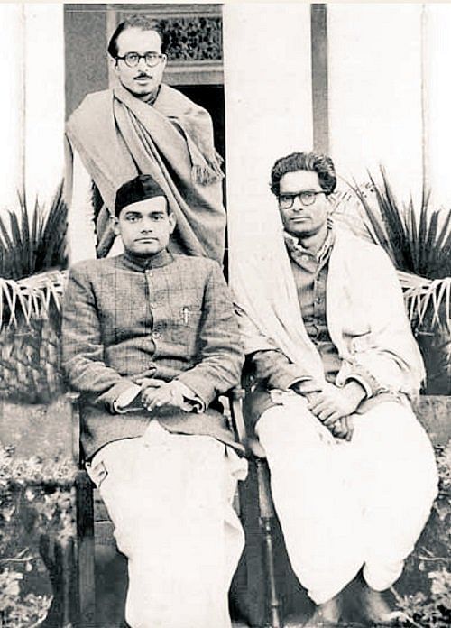 Atal Bihari Vajpayee (seated) with L.K. Advani (standing) and Bhairon Singh Shekhawat from their Jan Sangh Days. | Twitter/IndiaHistoryPic