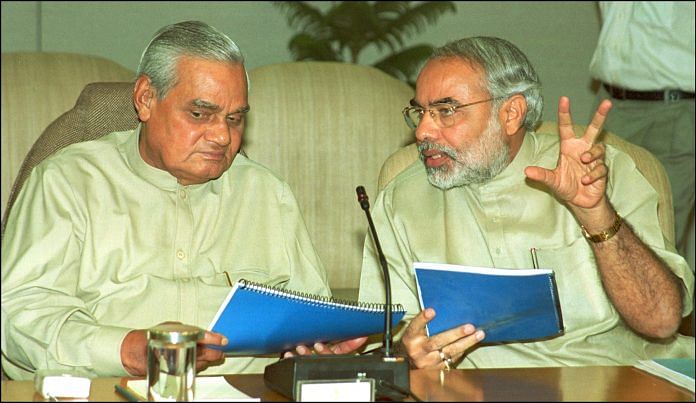 File photo of Prime Minister Atal Bihari Vajpayee having a discussion with then Gujarat CM Narendra Modi | Arvind Yadav /Hindustan Times via Getty Images