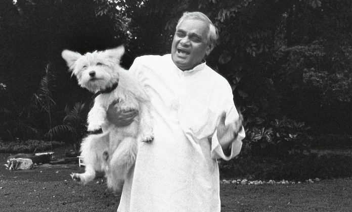 File photo of Atal Bihari Vajpayee with his pet Dog at his residence in New Delhi | Bandeep Singh/The India Today Group/Getty Images