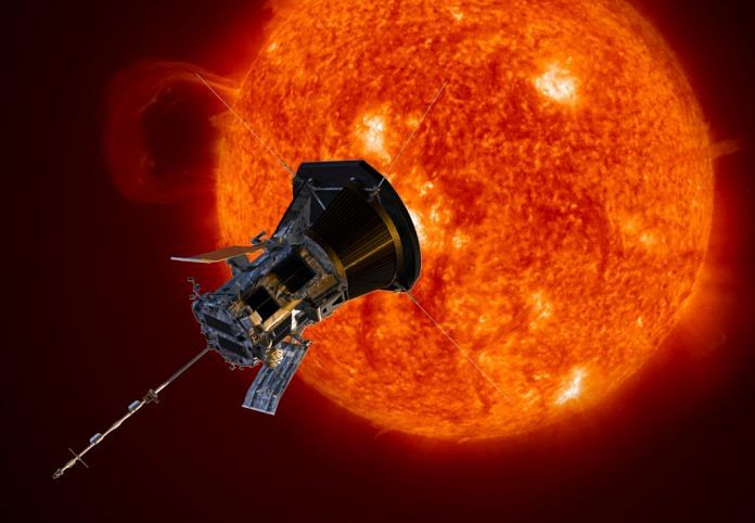 An artist rendition of NASA’s Parker Solar Probe observing the Sun. Image credit: NASA/Johns Hopkins APL/Steve Gribben (Commons)
