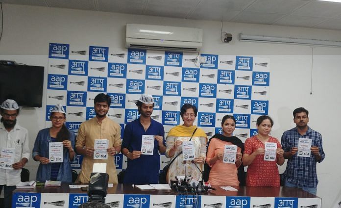 Atishi Marlena and Sucheta De with CYSS and AISA leaders releasing the joint manifesto of CYSS-AISA | Nikhil Rampal/ThePrint