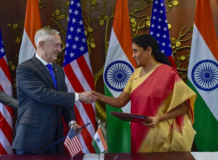 Defence Minister Nirmala Sitharaman and US Secretary of Defense James Mattis exchange MoU files after the India-US 2 + 2 Dialogue | PTI