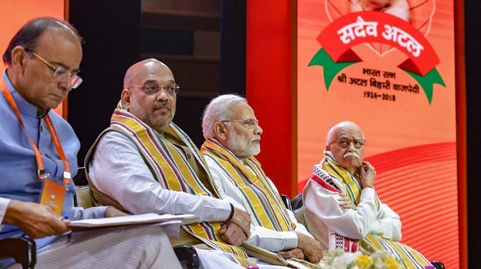 PM Narendra Modi, BJP President Amit Shah, finance minister Arun Jaitley and BJP senior leader LK Advani during BJP National Executive Meet | PTI