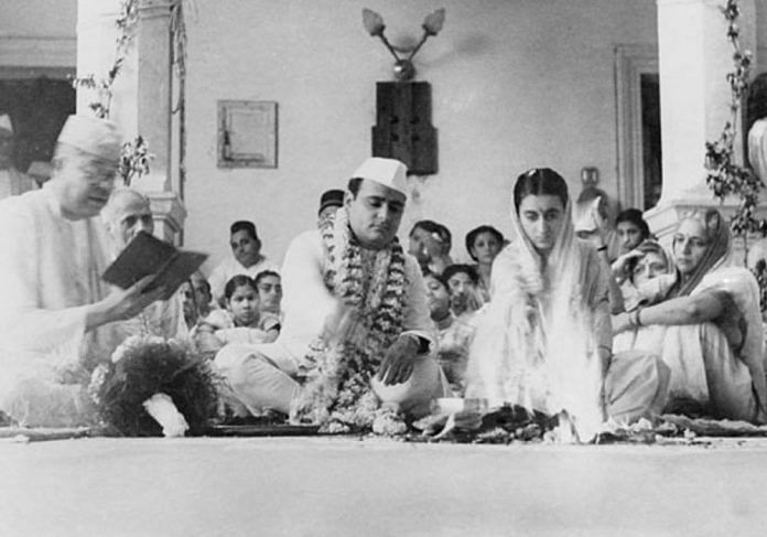 Feroze Gandhi and Indira Gandhi during their marriage ceremony