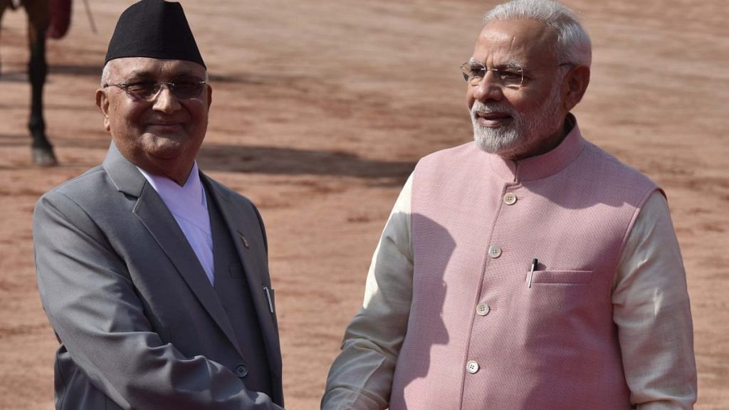 Prime Minister Narendra Modi and Nepal Prime Minister Khadga Prasad Oli | Sonu Mehta/Hindustan Times via Getty Images