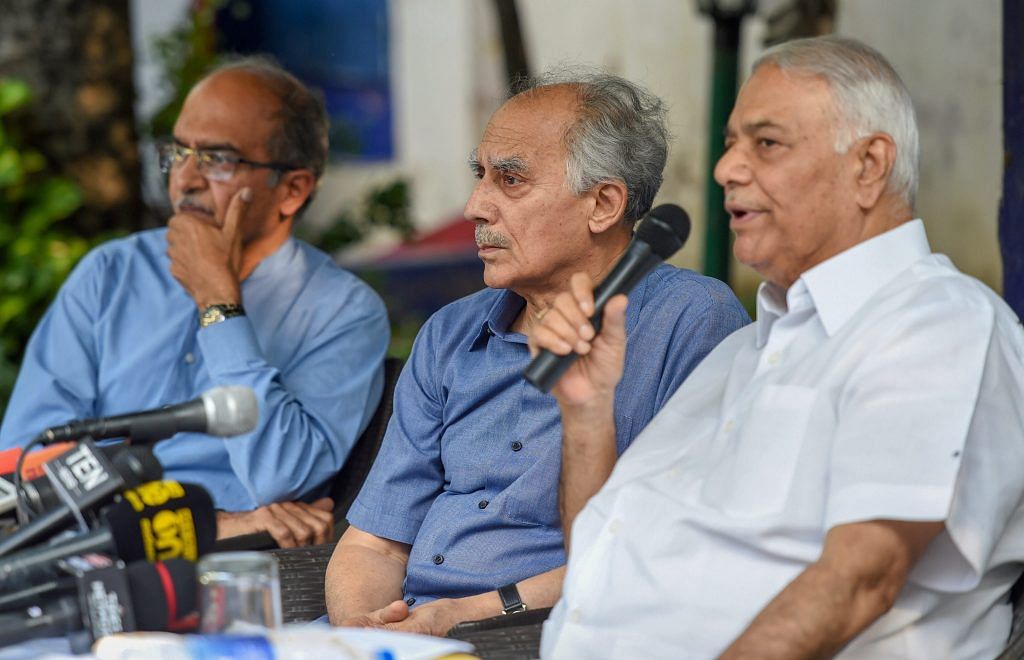 File photo of former union ministers Arun Shourie and Yashwant Sinha with lawyer Prashant Bhushan | PTI