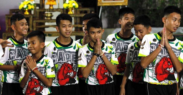 The rescued boys at a press conference after their rescue in July | commons